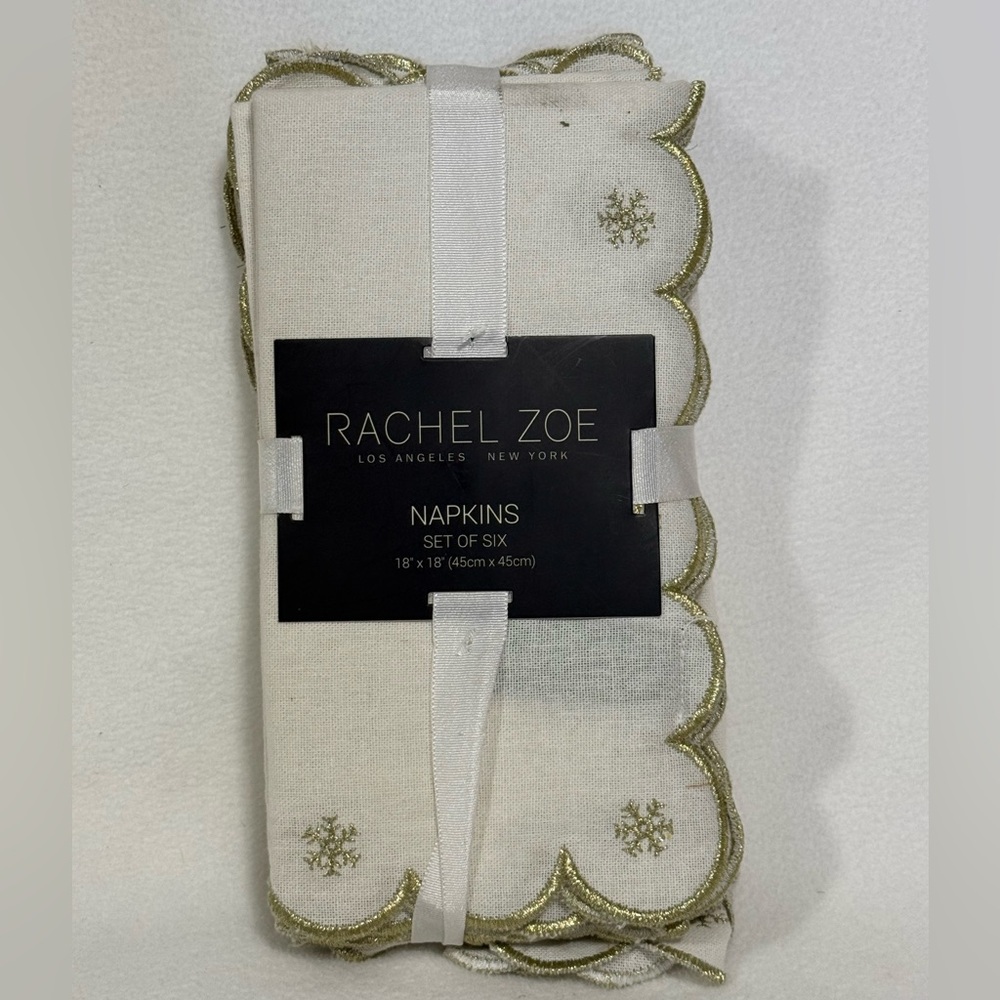 Rachel Zoe Set of 6 Cream and Gold Scalloped Napkins - New